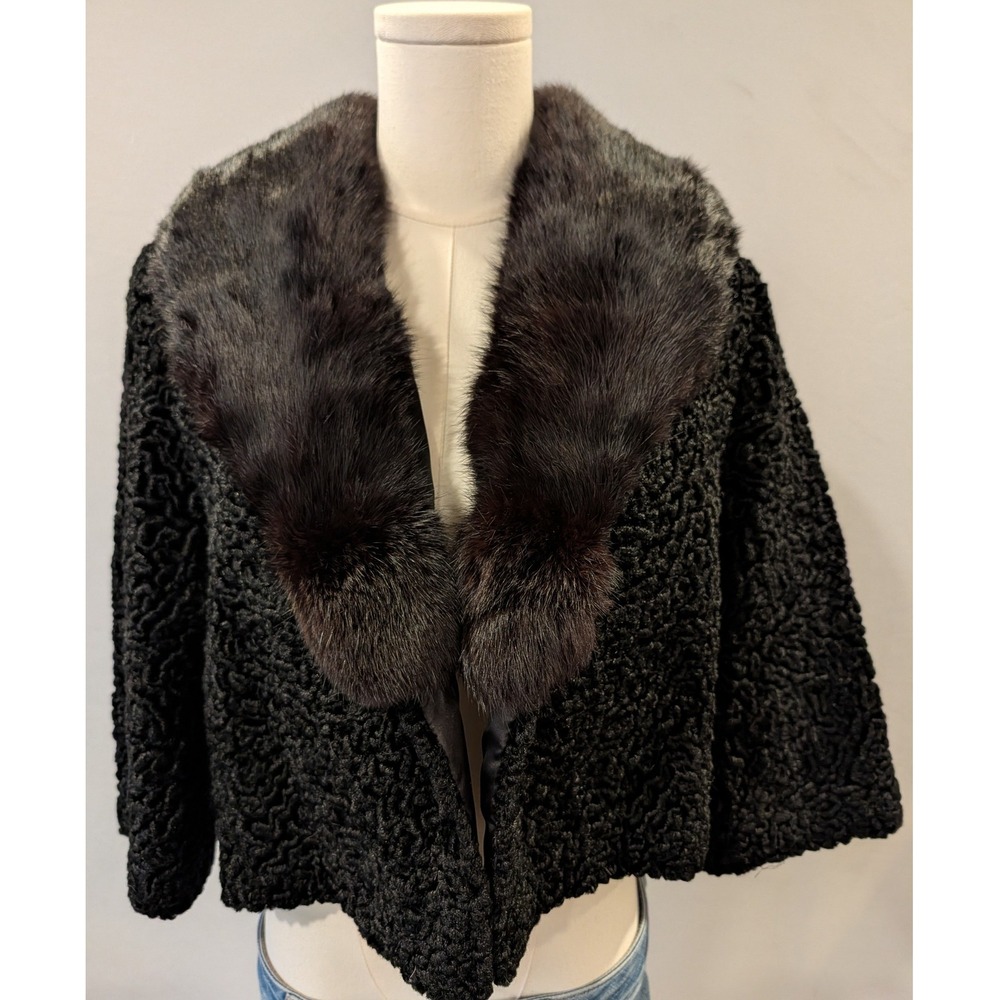 Vintage Black Curly Fur Look Capelet Jacket Cropped Shawl Collar Women's Medium